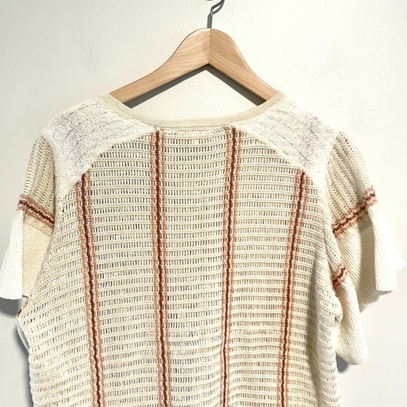 Crochet Striped Linen Open Knit Boho Top Sweater Shirt - Picture 5 of 11